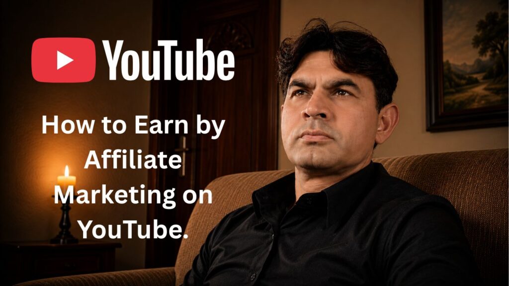 Affiliate Marketing on YouTube guide with laptop, YouTube logo, money growth chart, and digital marketing workspace
