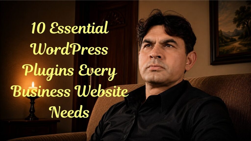 Professional WordPress business website dashboard showing essential plugins for SEO, security, speed optimization, backups, and website performance.