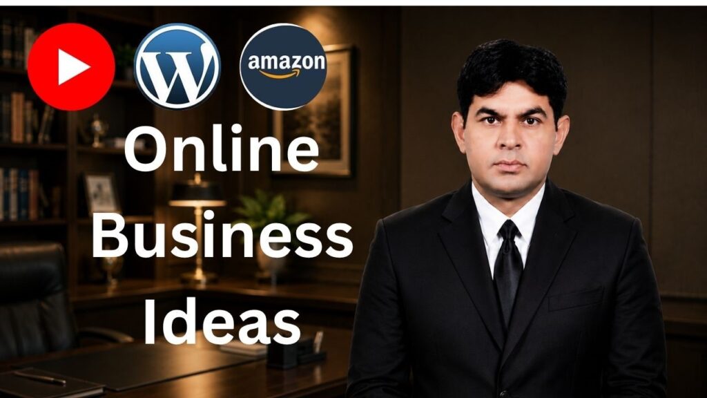 Professional online business workspace with laptop, website dashboard, digital marketing tools, and modern office setup.